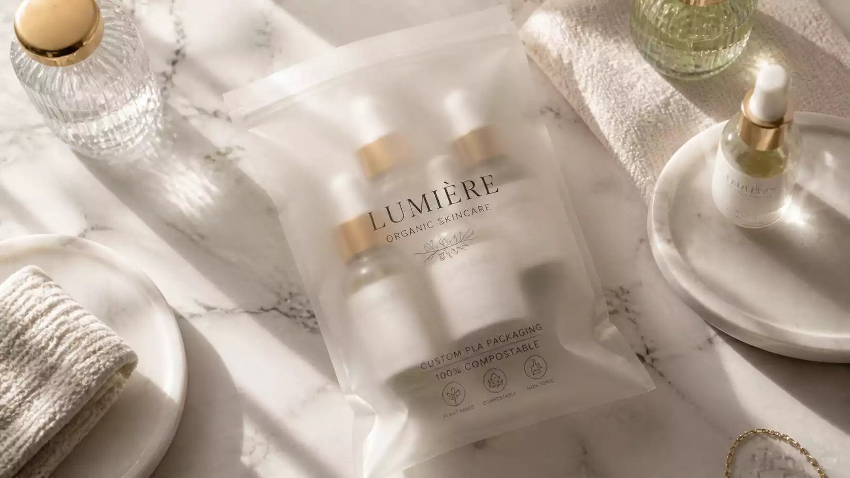 Premium organic skincare bottles inside a frosted Custom PLA Bag.