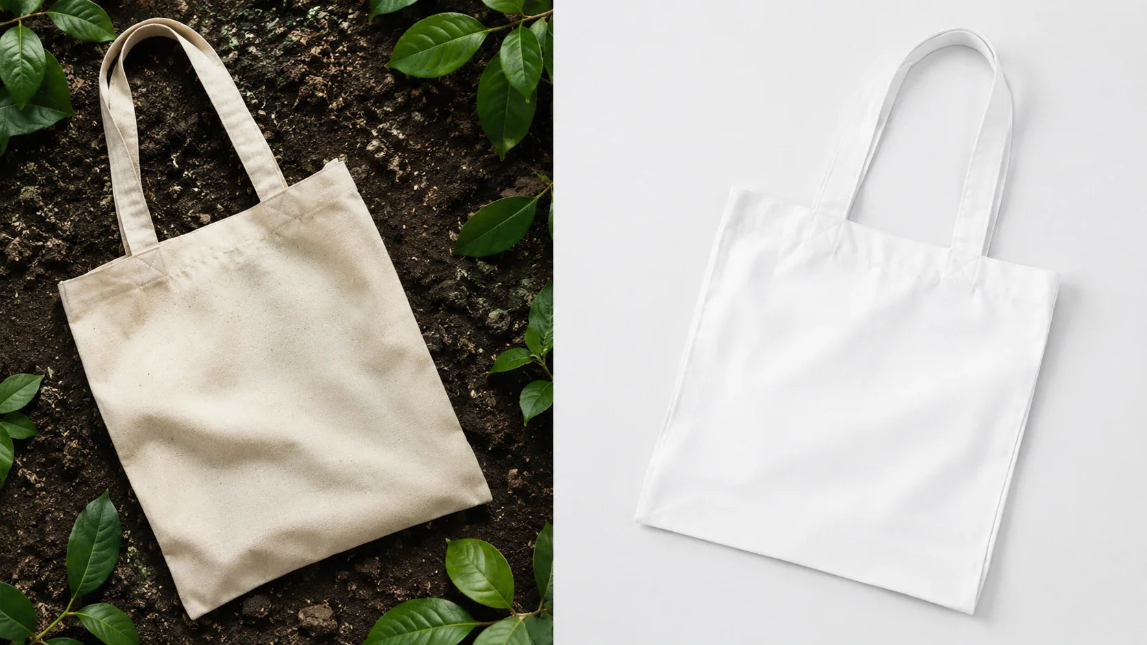 A side-by-side comparison of organic and conventional custom printed cotton bags for sustainable branding.