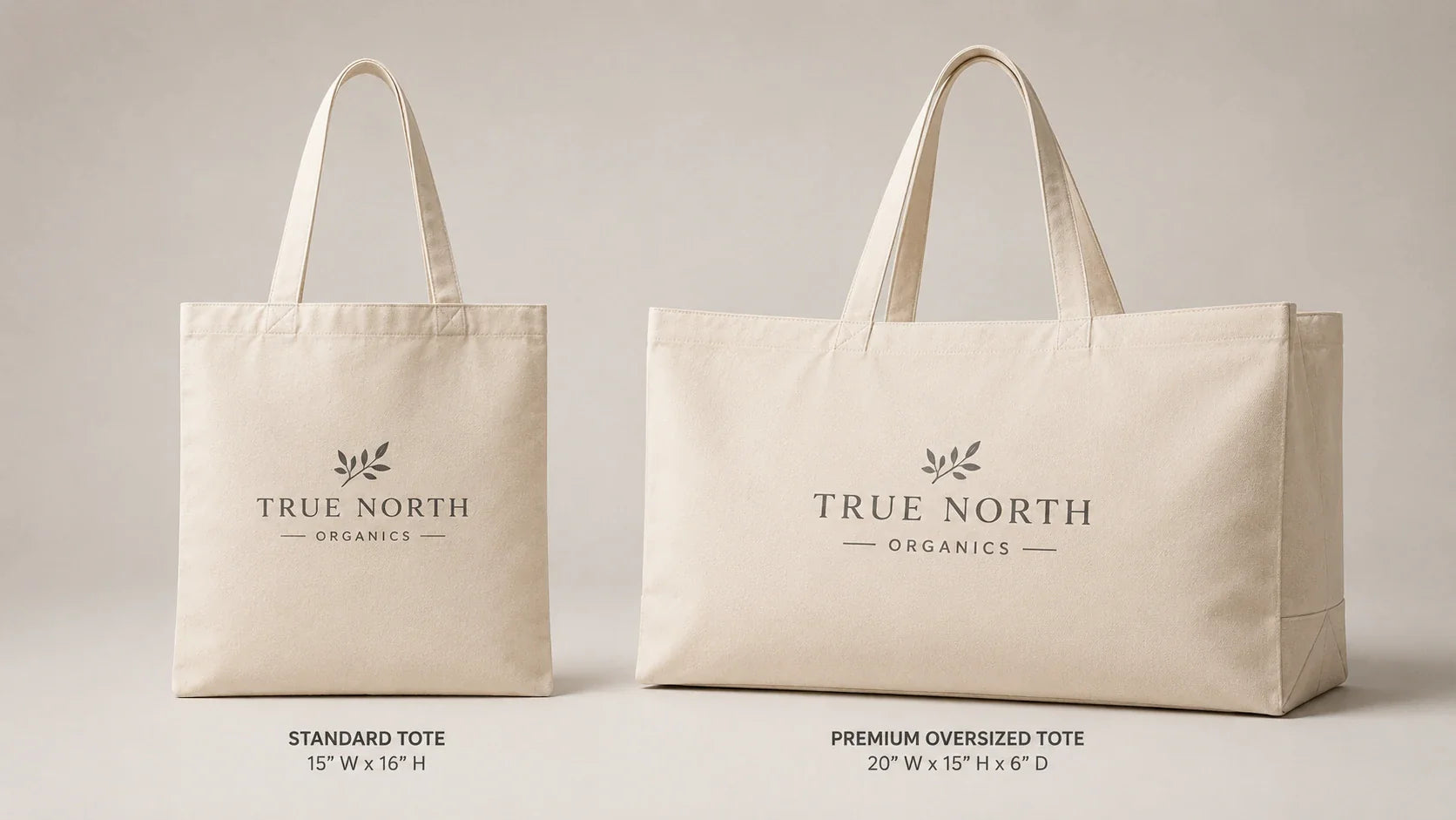 A studio comparison showing a standard custom canvas tote bag next to a premium oversized canvas tote bag.