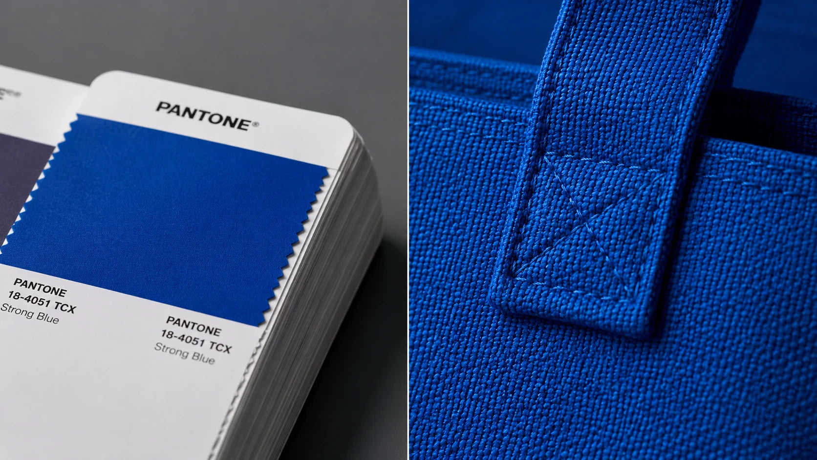 A macro comparison showing a Pantone color swatch perfectly matching the dyed fabric of a custom canvas tote bag.