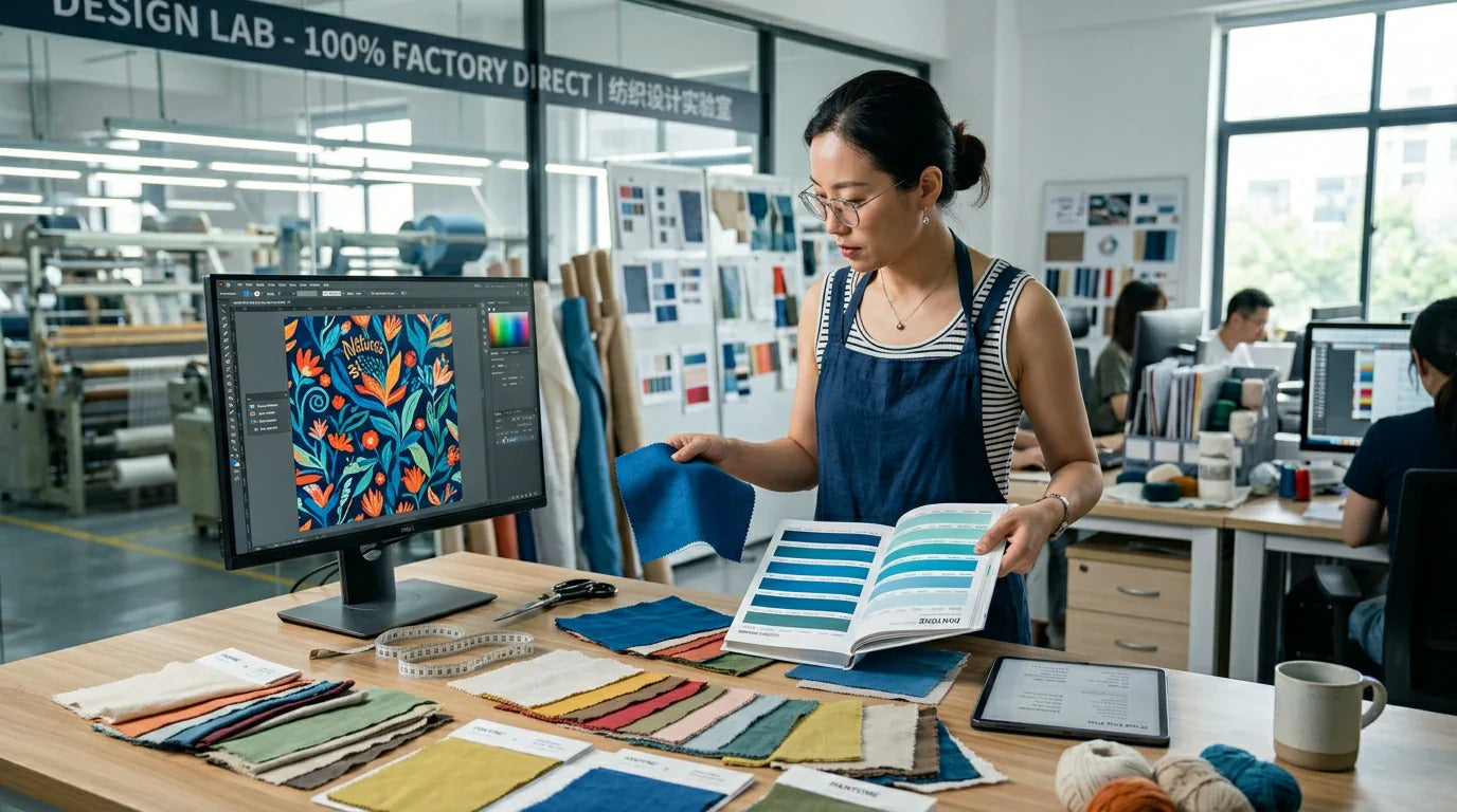 A Chinese textile designer at Tote Bag Factory matching Pantone color swatches for custom reusable bags.