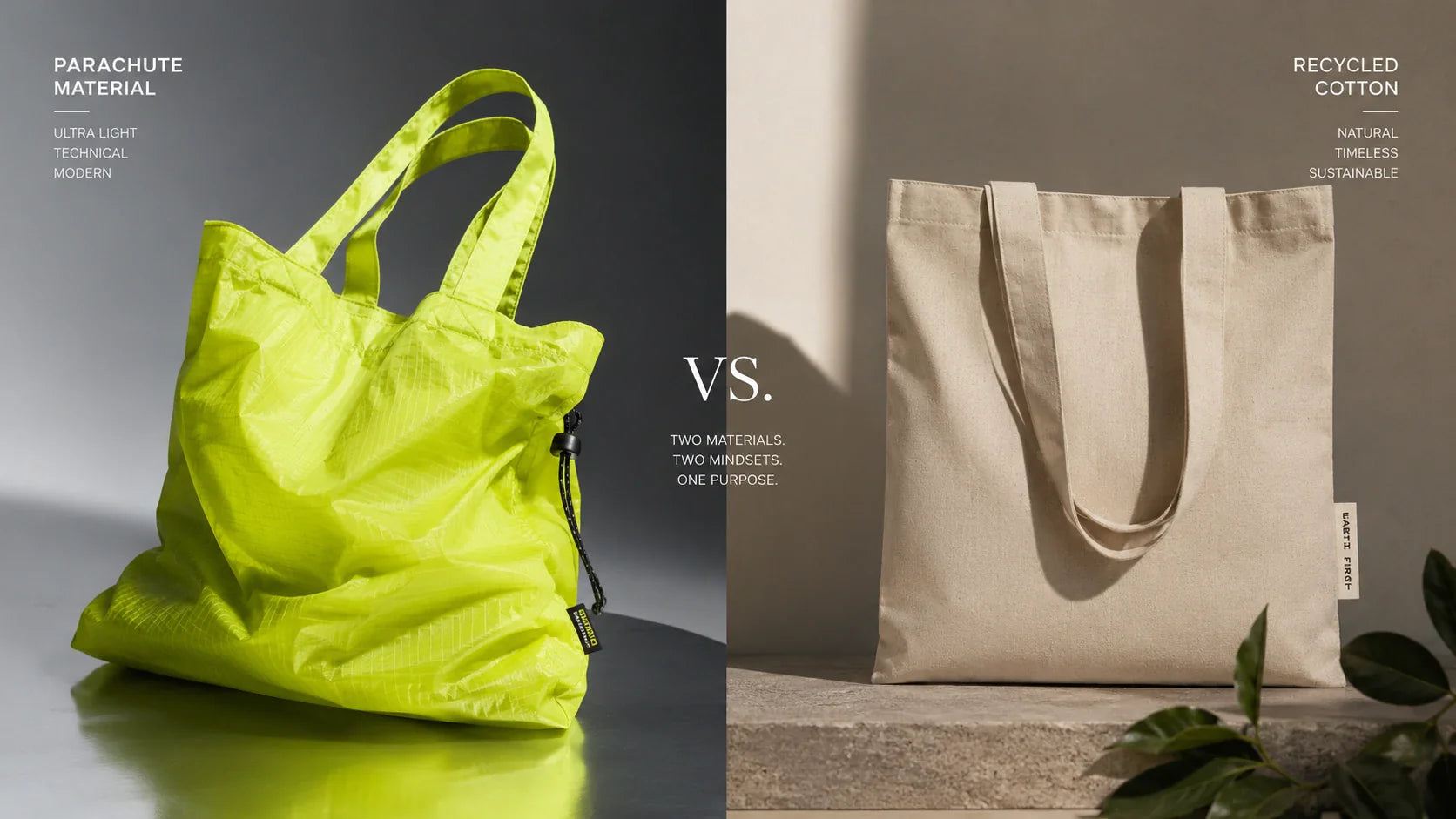 A visual comparison between a trendy parachute material tote bag and a classic standard recycled cotton bag.