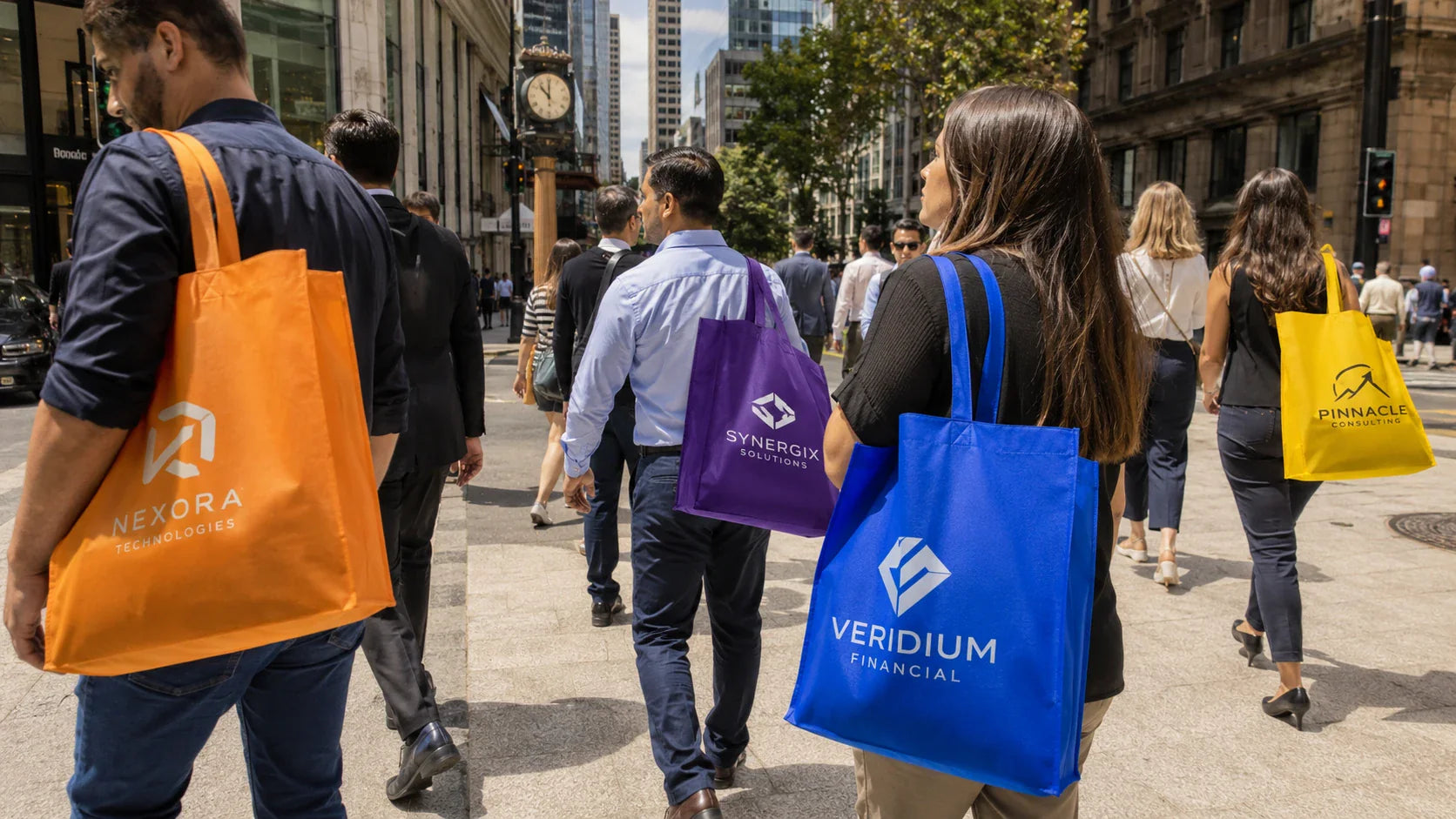 Pedestrians acting as walking billboards carrying personalized non woven tote bags in a city.