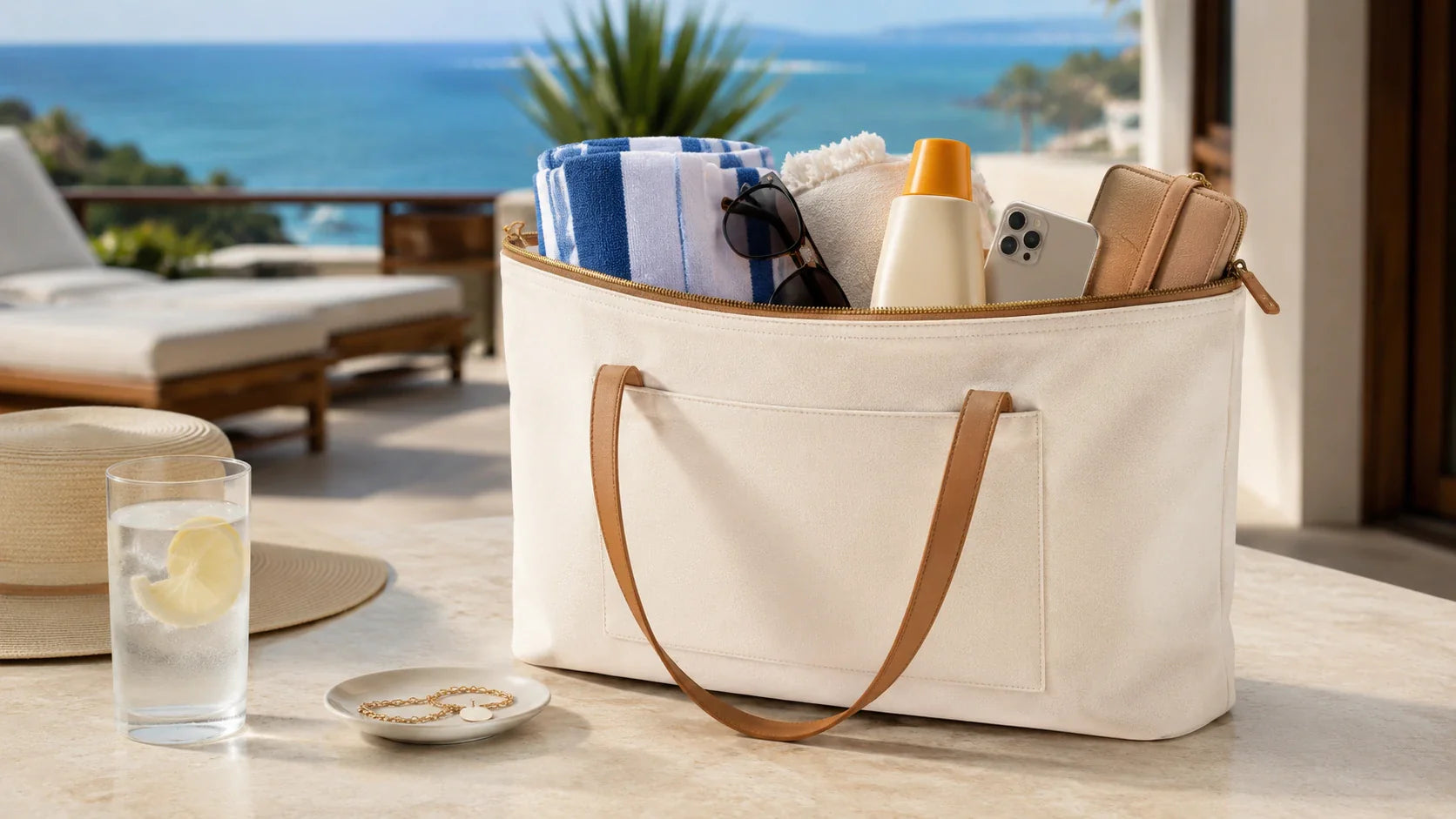 A premium personalised beach bag with zip for travel and resort use
