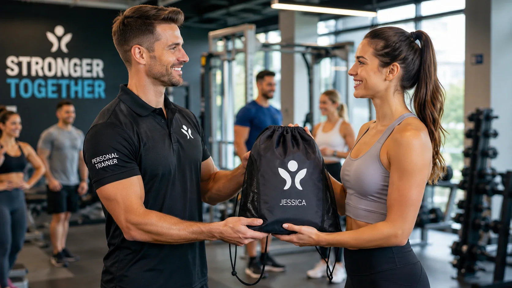 Gym owner handing a personalised drawstring gym bag to a new member as a welcome kit.