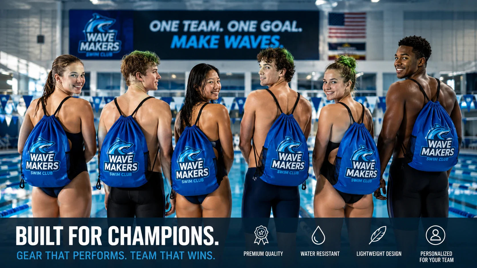 Swim team athletes wearing matching personalised drawstring swimming bags on a pool deck.