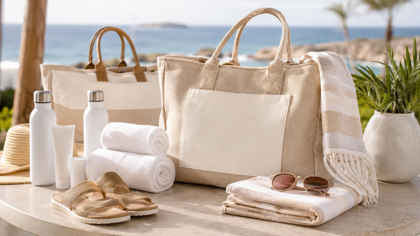 personalized beach bags and towels arranged as a summer gift set