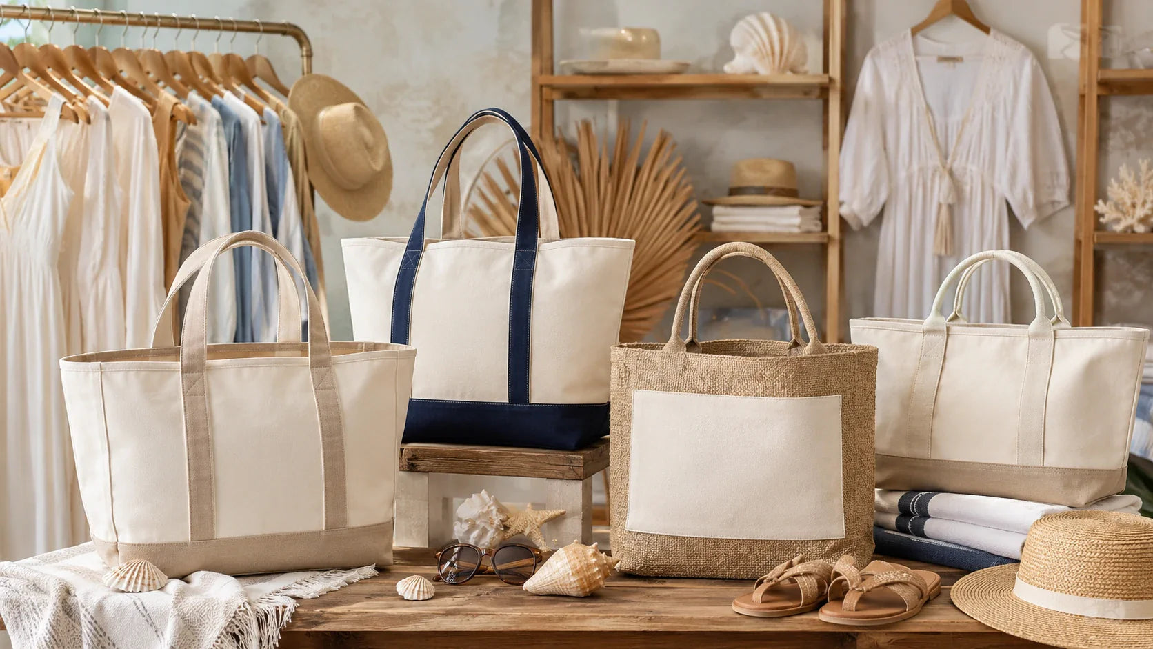 personalized beach tote designs displayed in a coastal boutique