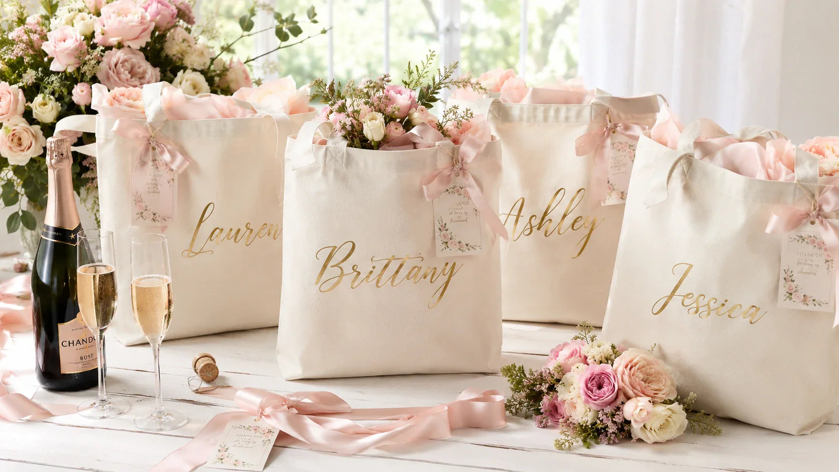 Personalized custom printed tote bags as wedding favors for bridesmaids