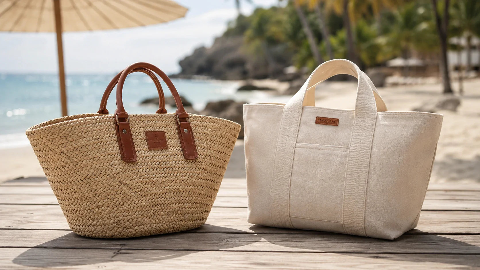 A stylish side-by-side comparison of a bohemian personalized straw beach bag and a classic custom canvas tote on a sunny beach.