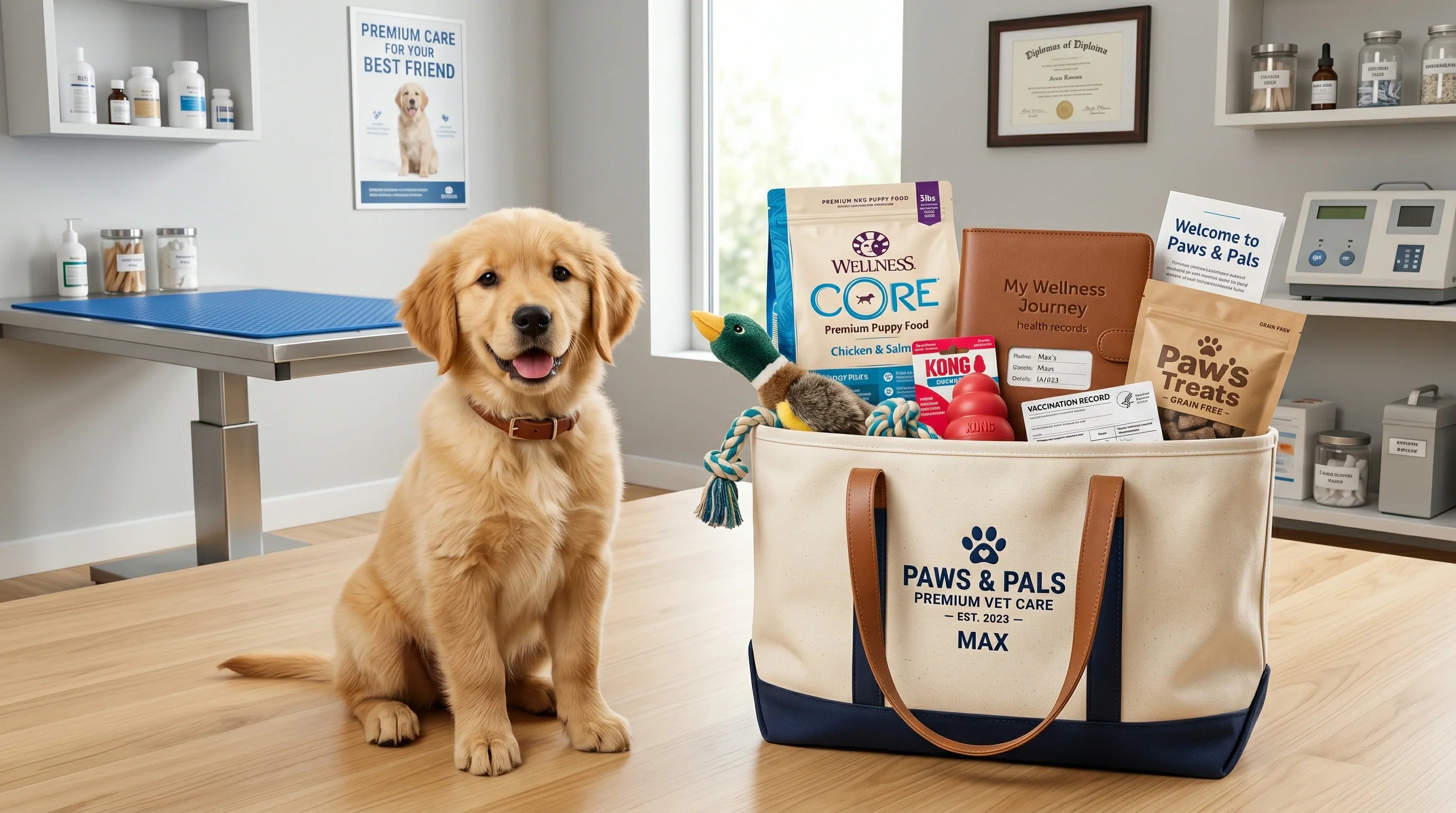 A premium custom tote bag filled with pet supplies and a cute puppy sitting on a vet clinic examination table.