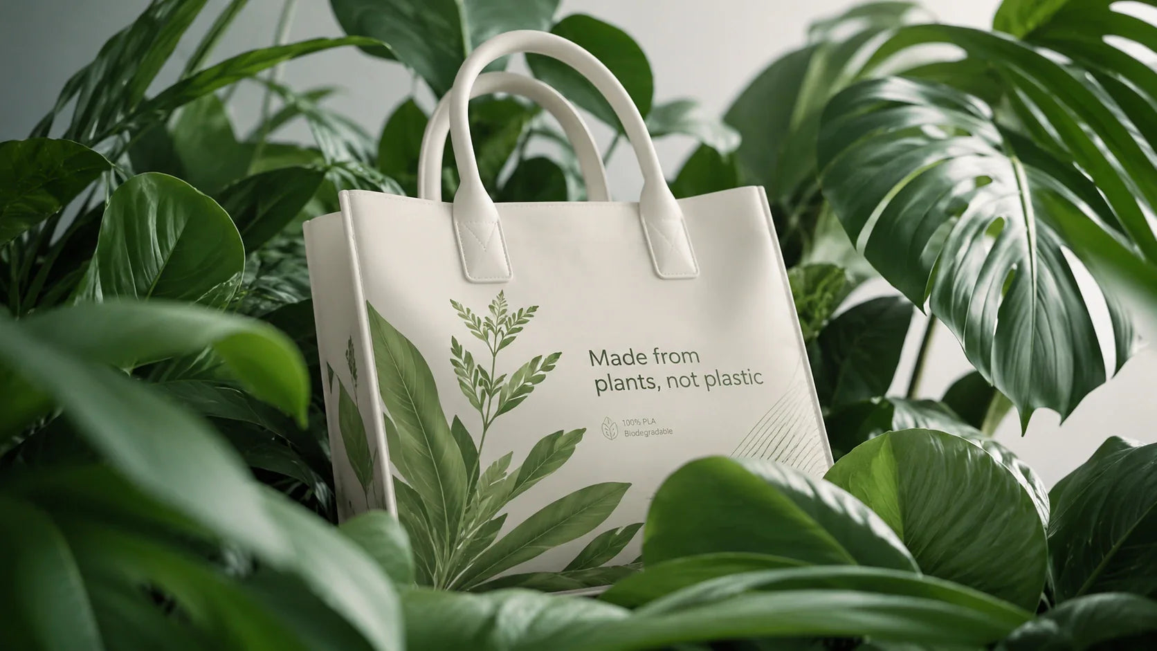 Biodegradable PLA custom printed tote bags emerging from nature