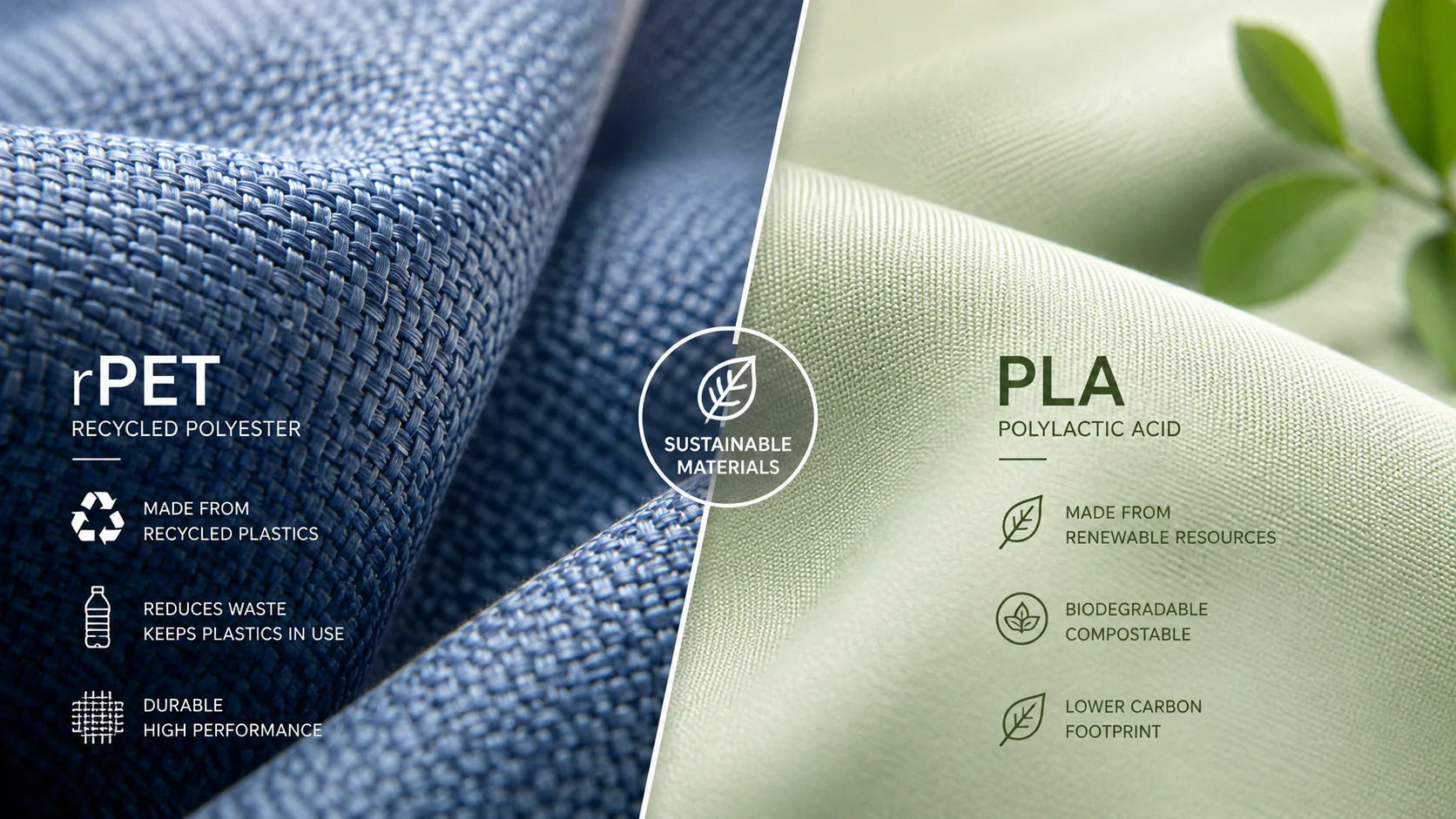 A high-tech macro visual comparison between textured rPET fabric and smooth biodegradable PLA material.
