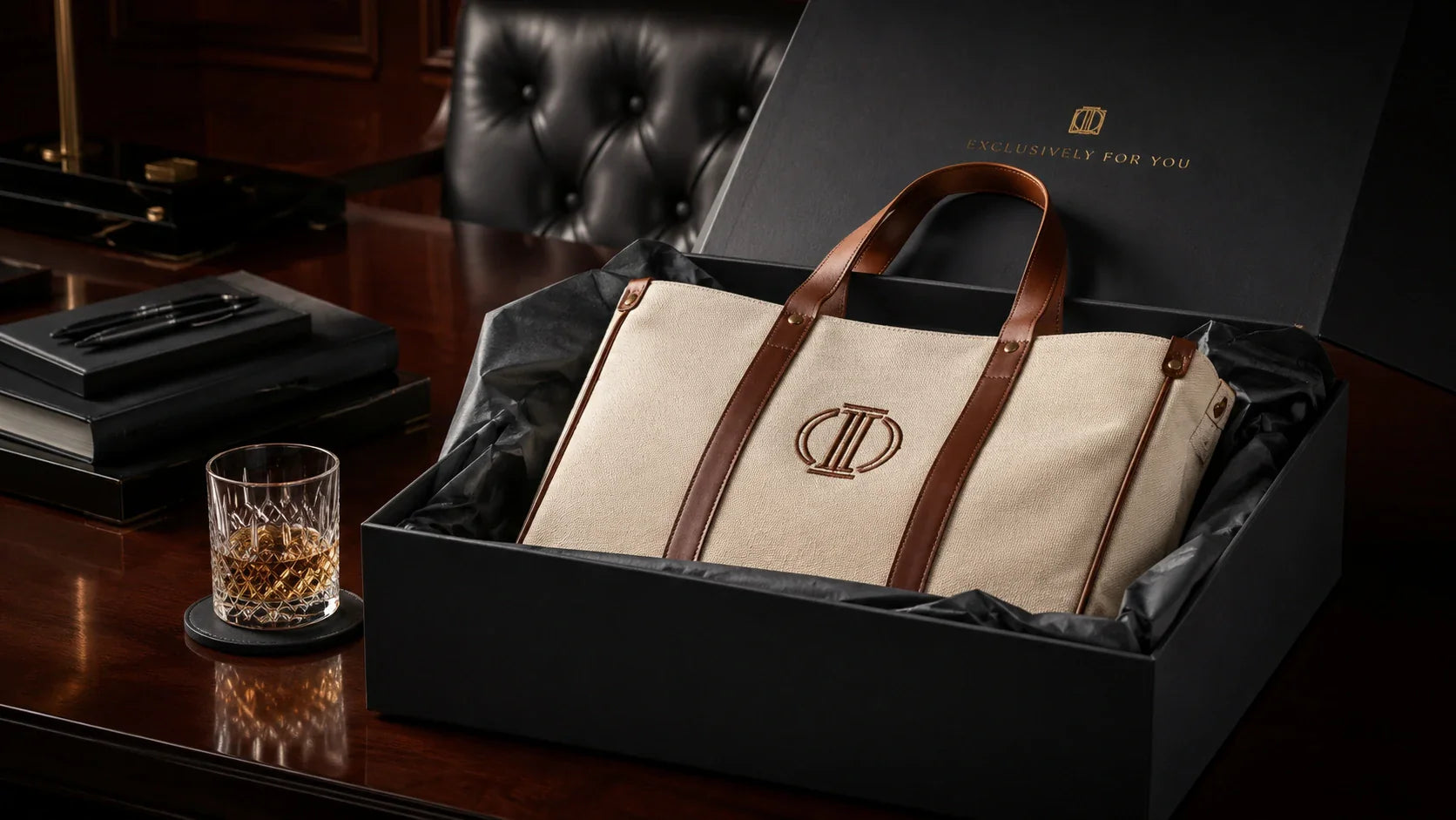 A luxurious custom canvas tote bag presented inside a premium gift box on a mahogany executive desk.