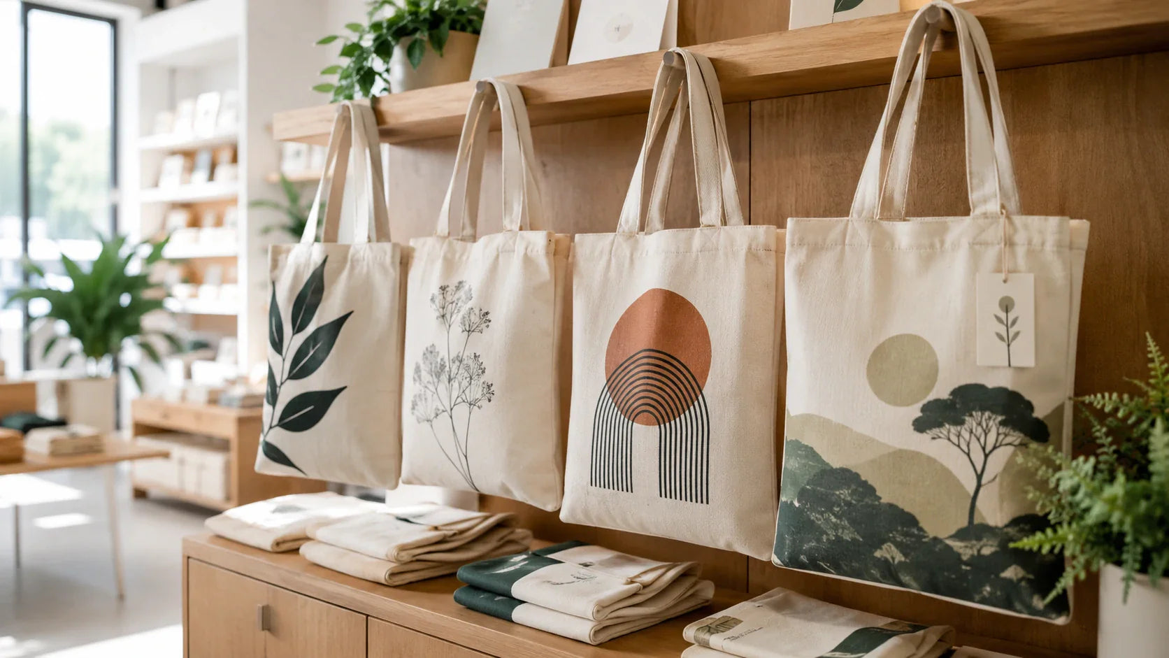 High-quality custom printed cotton bags displayed in a modern retail setting.