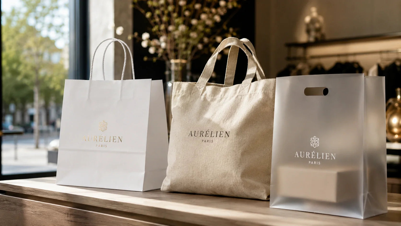 A display of premium custom shopping bags with logo in various materials for retail brands.