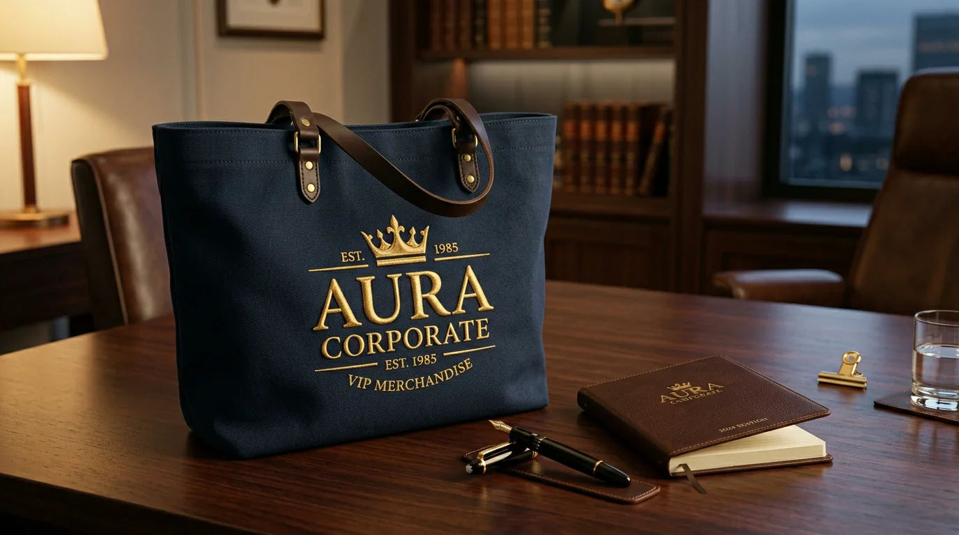 A luxurious heavy-duty custom canvas tote bag with a gold embroidered logo on a mahogany executive desk.