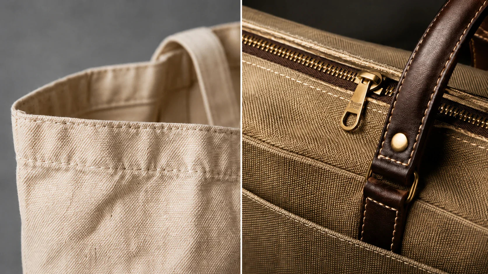 Macro comparison of a basic canvas hem versus a premium canvas bag with a heavy-duty brass zipper and rivets.