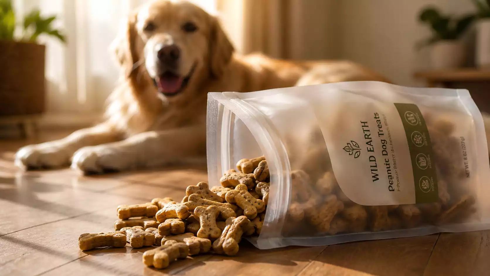 Premium organic dog treats spilling out of a branded Custom PLA Bag.