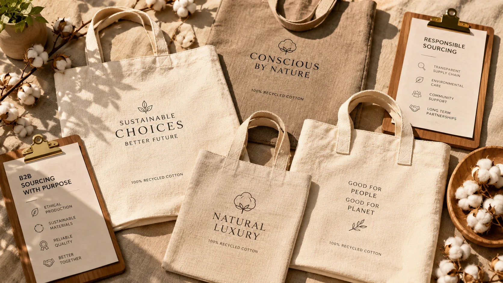 A beautiful flat lay display of premium recycled cotton bags in natural earthy tones.