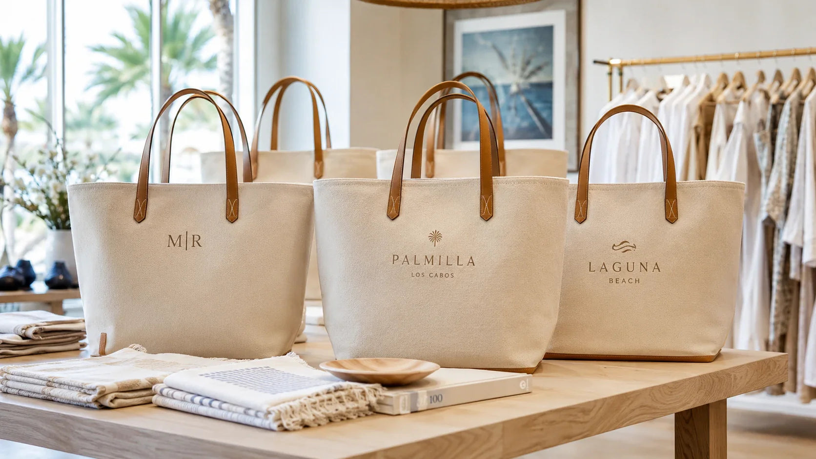 A display of premium personalized canvas beach bags elegantly arranged in a high-end coastal boutique.