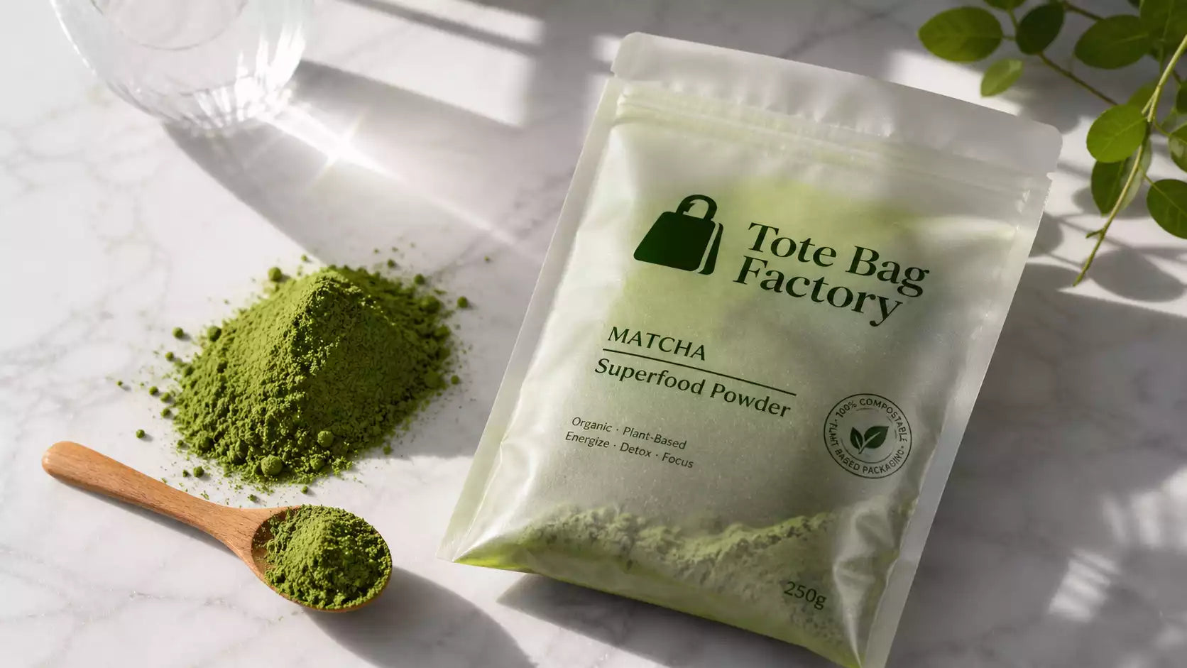 Organic superfood powder next to a branded Custom PLA Bag.