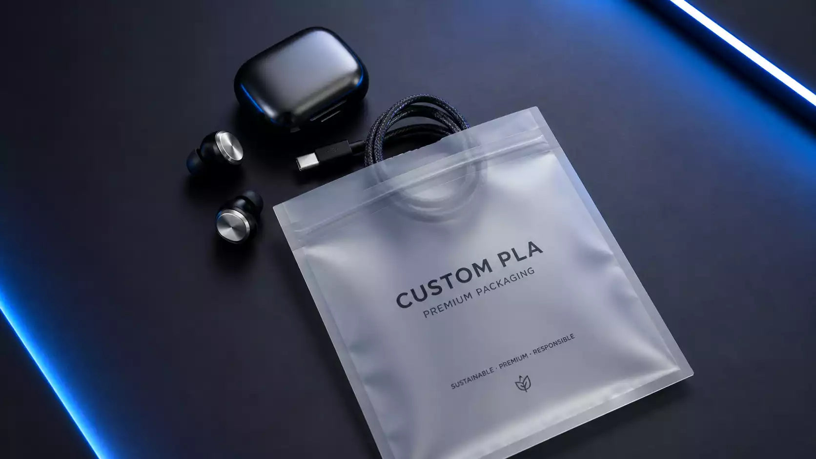 High-end wireless earbuds packaged inside a frosted Custom PLA Bag.