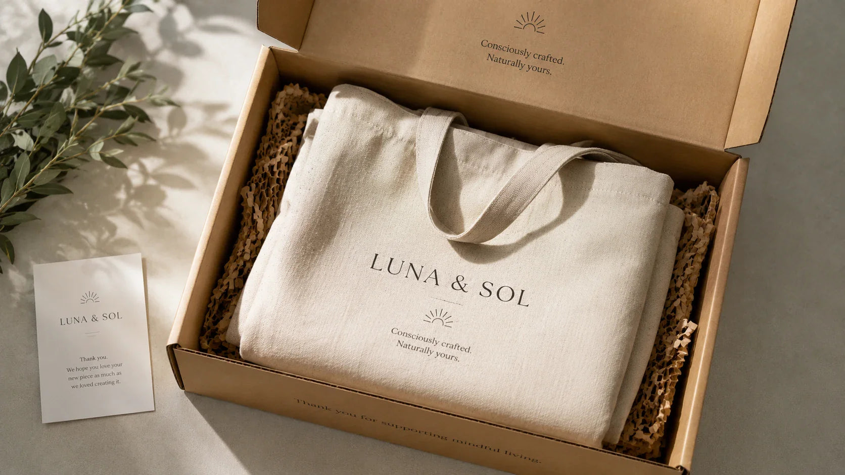 A premium e-commerce unboxing experience featuring a neatly folded custom recycled tote bag.