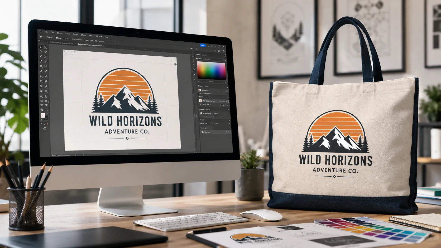 A graphic designer's workspace showing a logo on a computer screen and the final printed custom tote bag next to it.