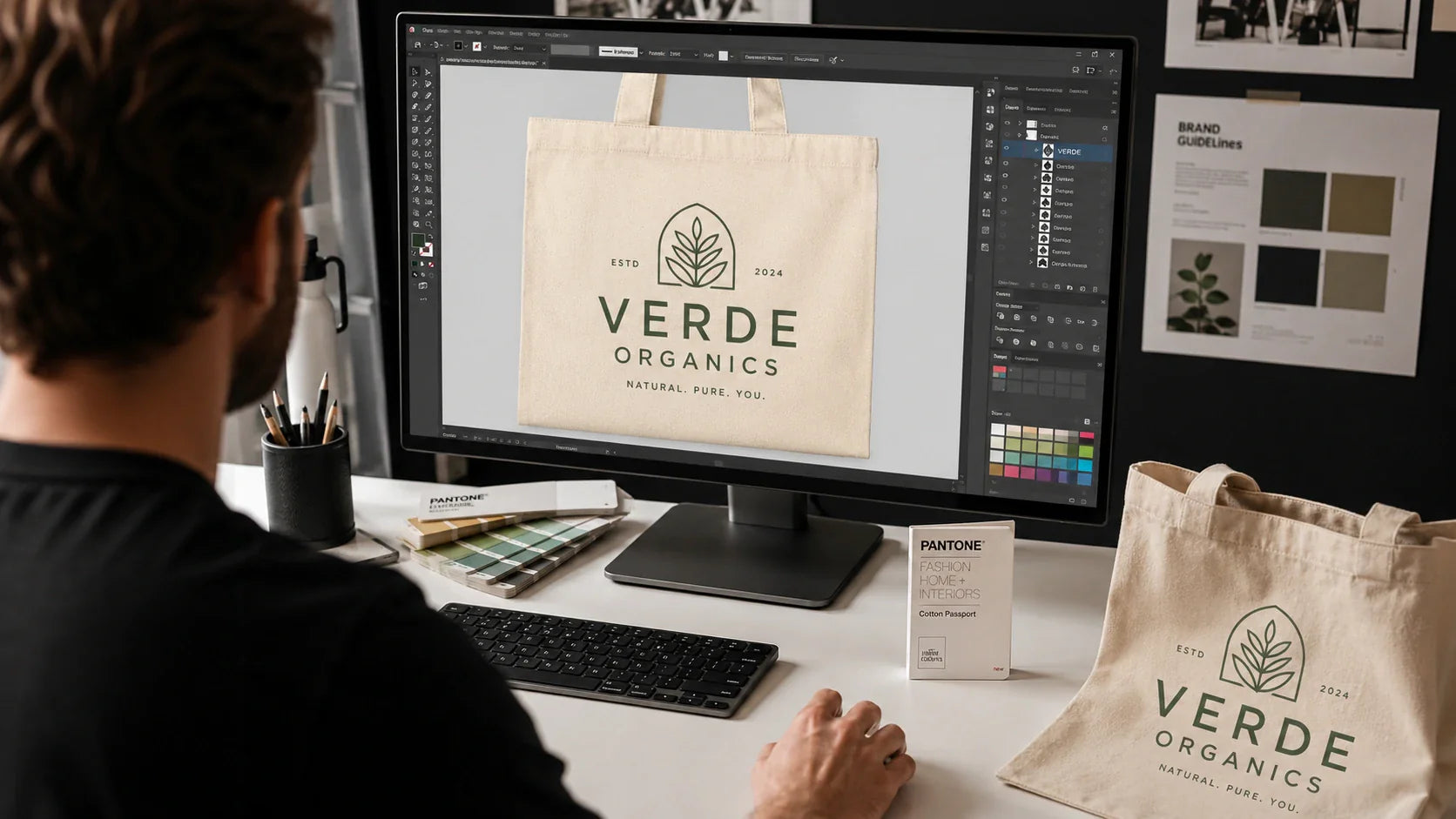 A graphic designer preparing flawless vector logo artwork for professional tote bag printing.