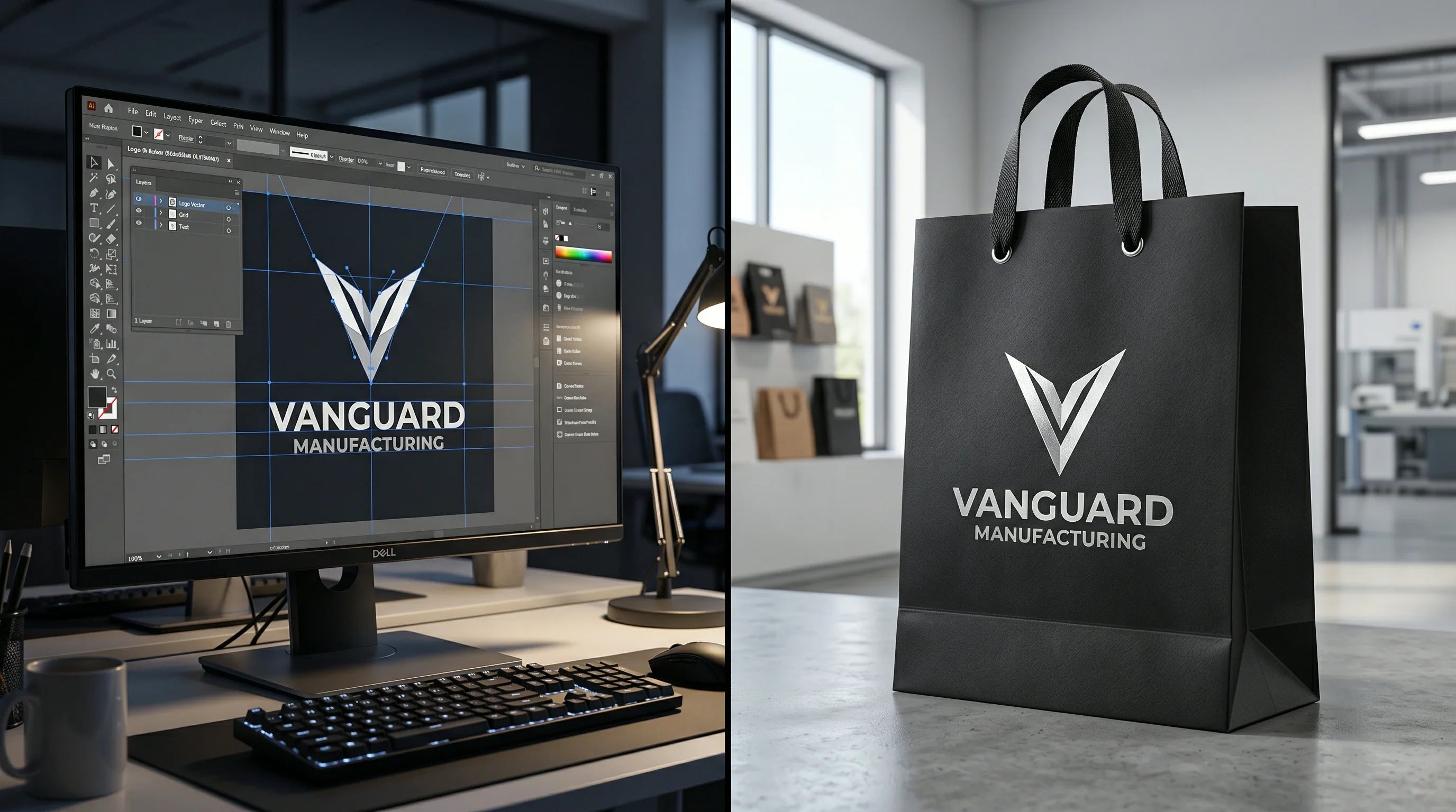 A digital vector logo on a designer's screen translating directly into a perfectly manufactured custom shopping bag.