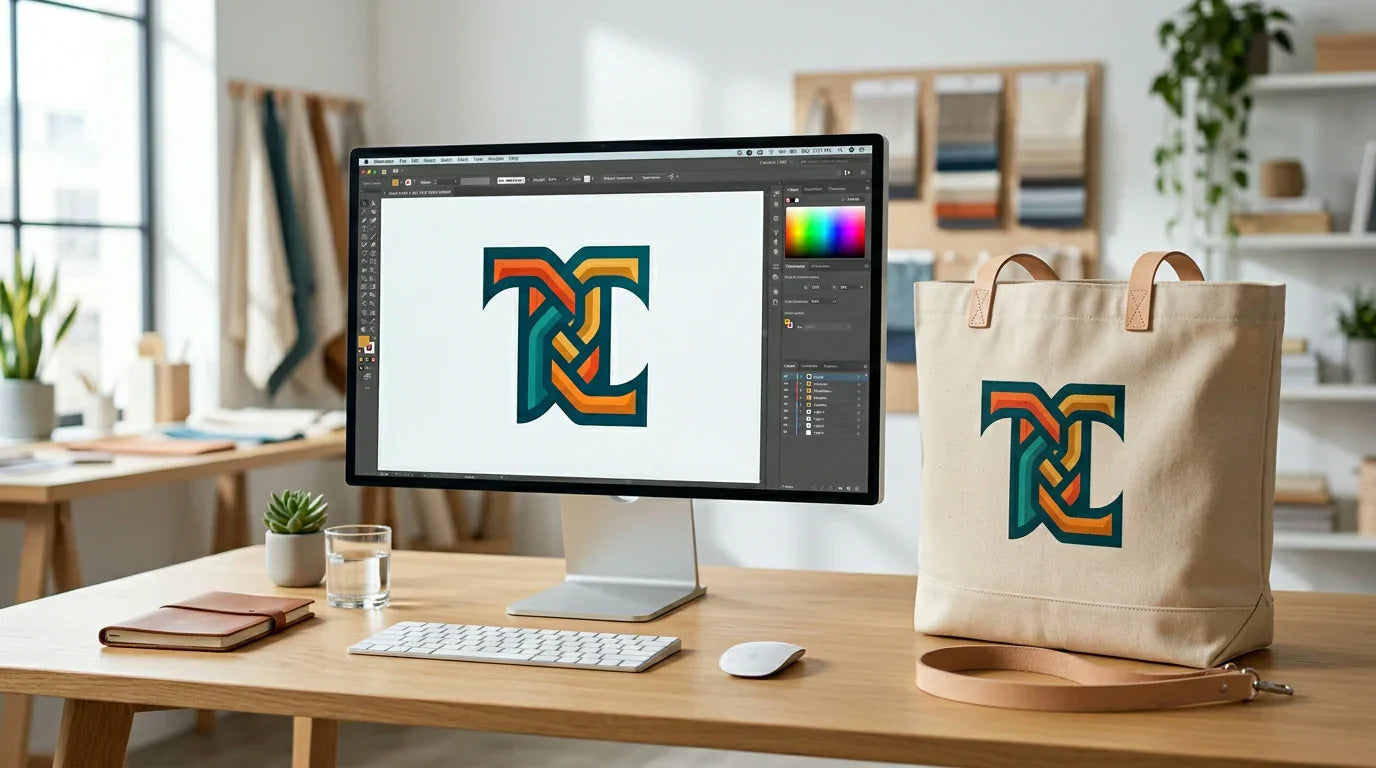 A computer displaying a vector logo design next to a flawlessly printed custom canvas tote bag on a desk.