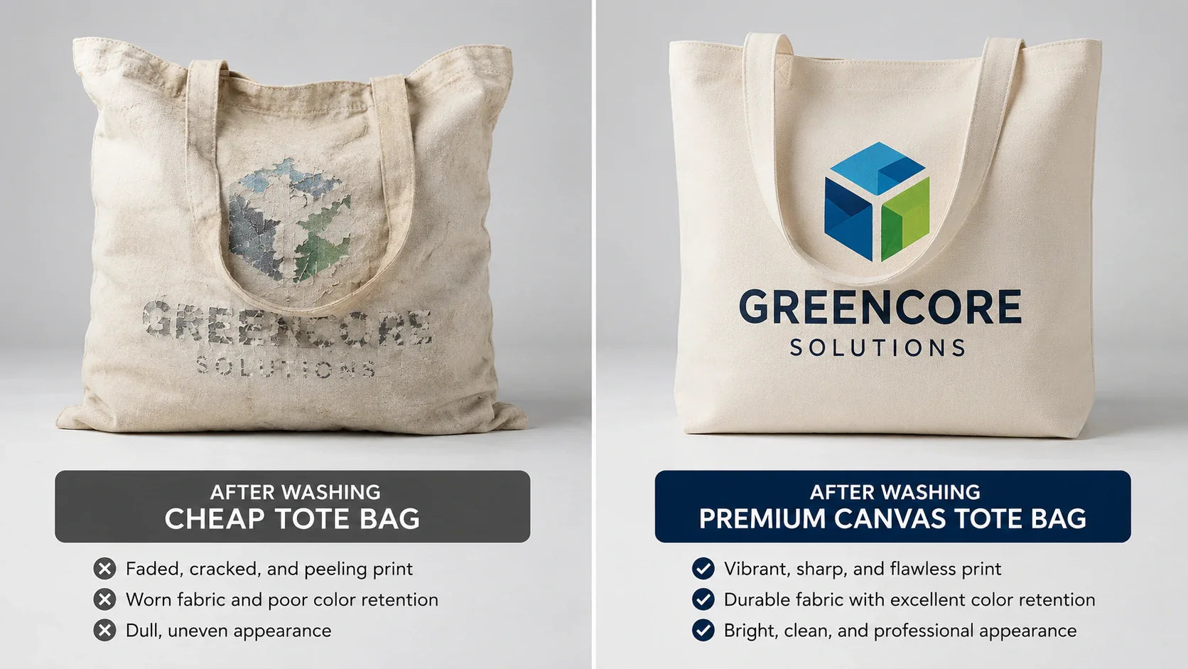 Comparing a faded logo to a durable, high-quality custom printed tote bags after washing.