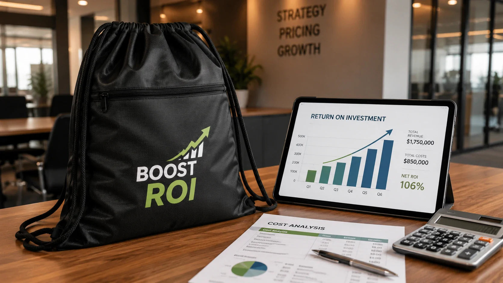 Business analysis and pricing breakdown for custom drawstring bags.