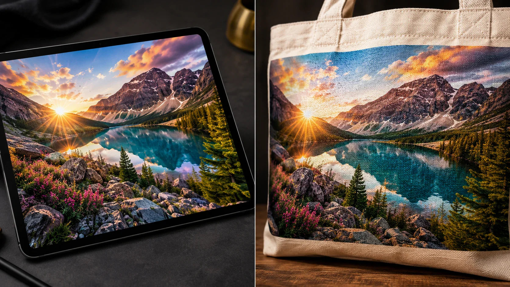 A comparison showing a high-resolution digital photograph perfectly reproduced on a custom canvas tote bag.