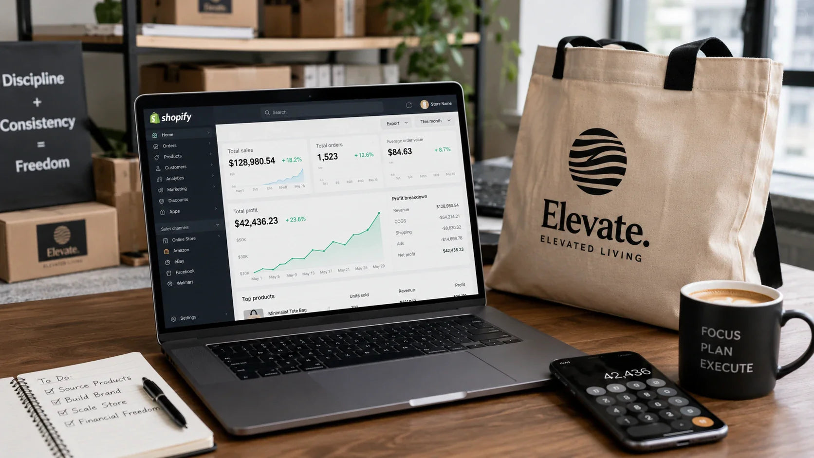 An e-commerce seller reviewing profit margins on a laptop next to a custom tote bag and a calculator.