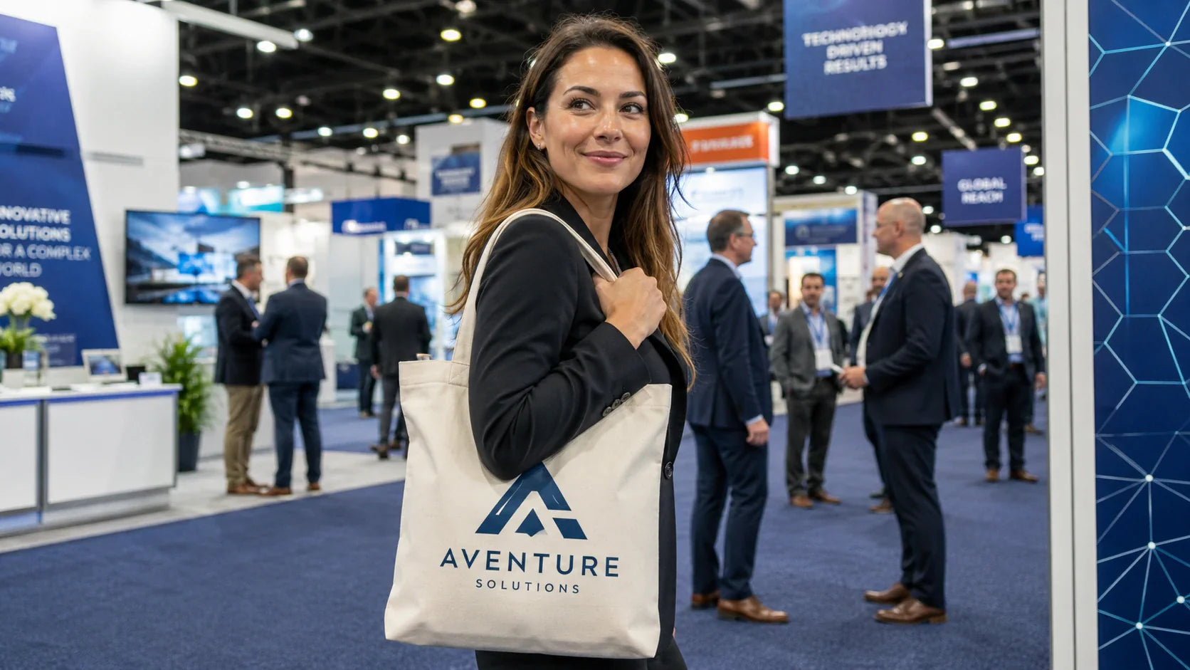 Business professional carrying promotional canvas bags at a busy trade show
