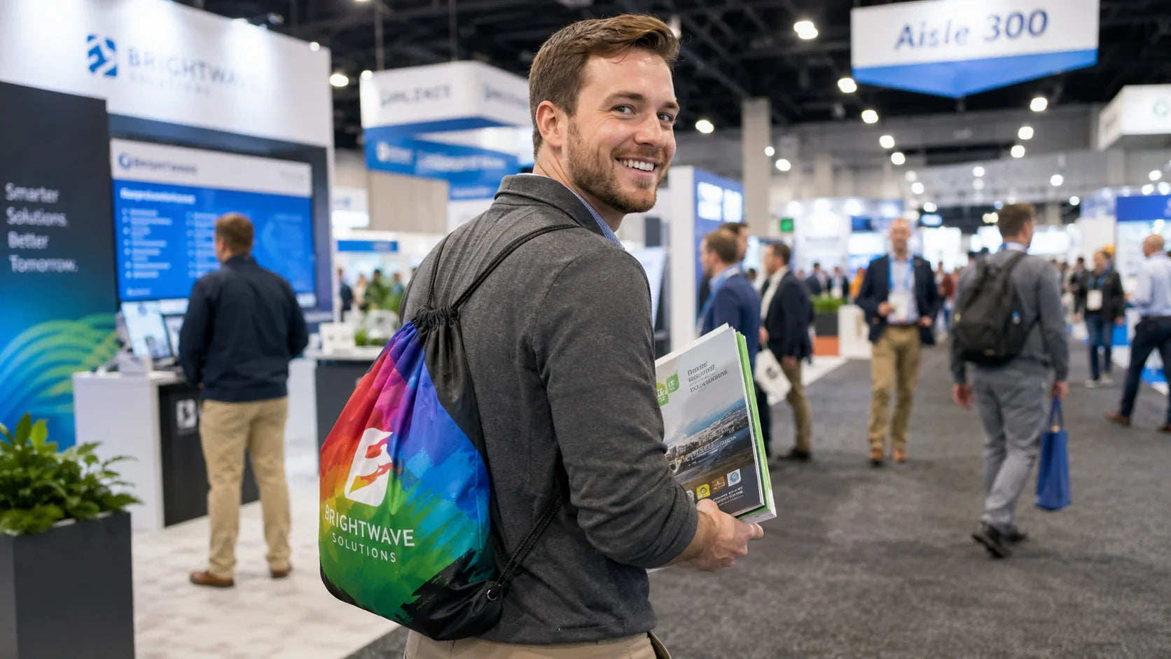 Trade show attendee wearing vibrant promotional draw string bags carrying event catalogs.