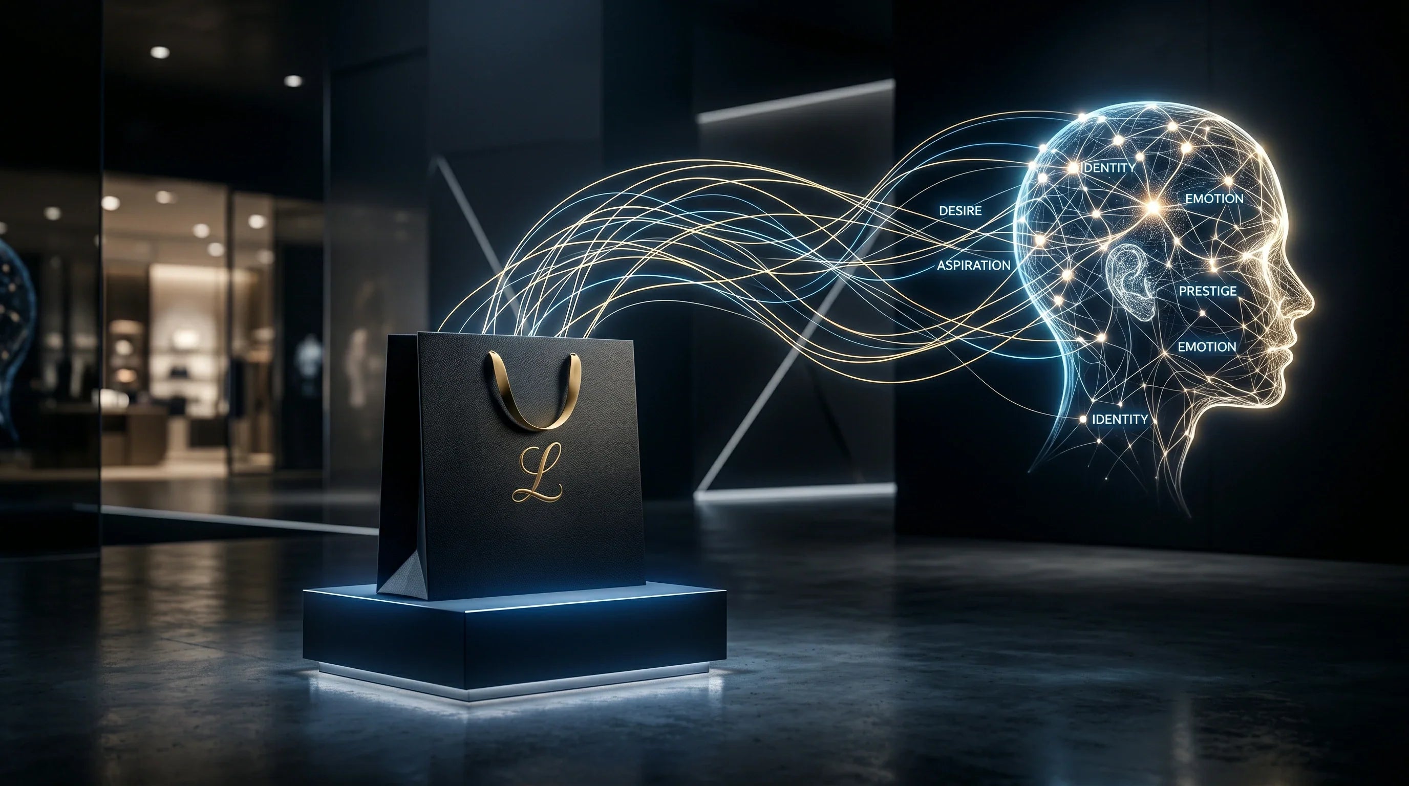 A conceptual image representing the psychology of retail packaging, showing a glowing premium custom shopping bag activating a consumer's mind.