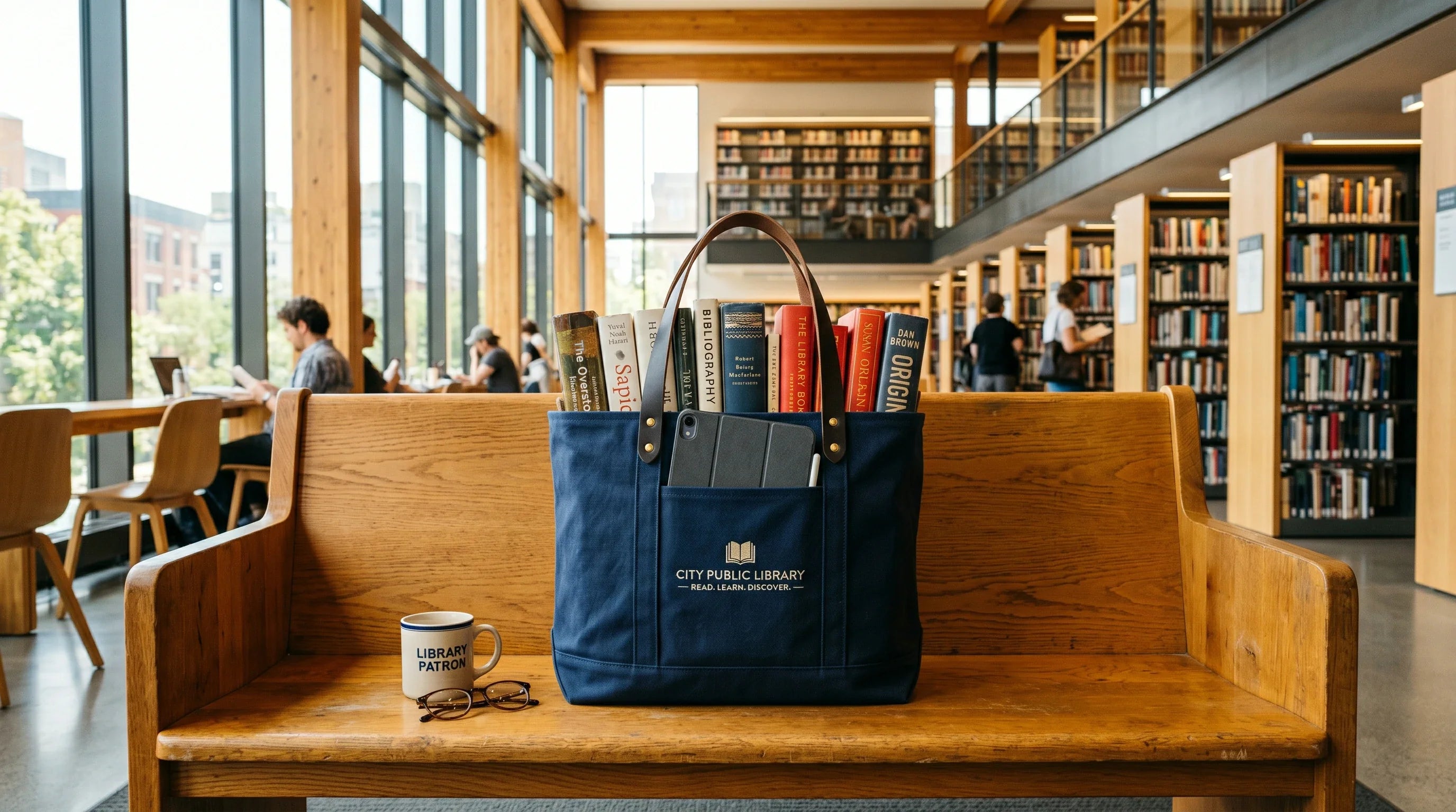 A premium custom tote bag filled with books sitting on a wooden bench inside a modern public library.