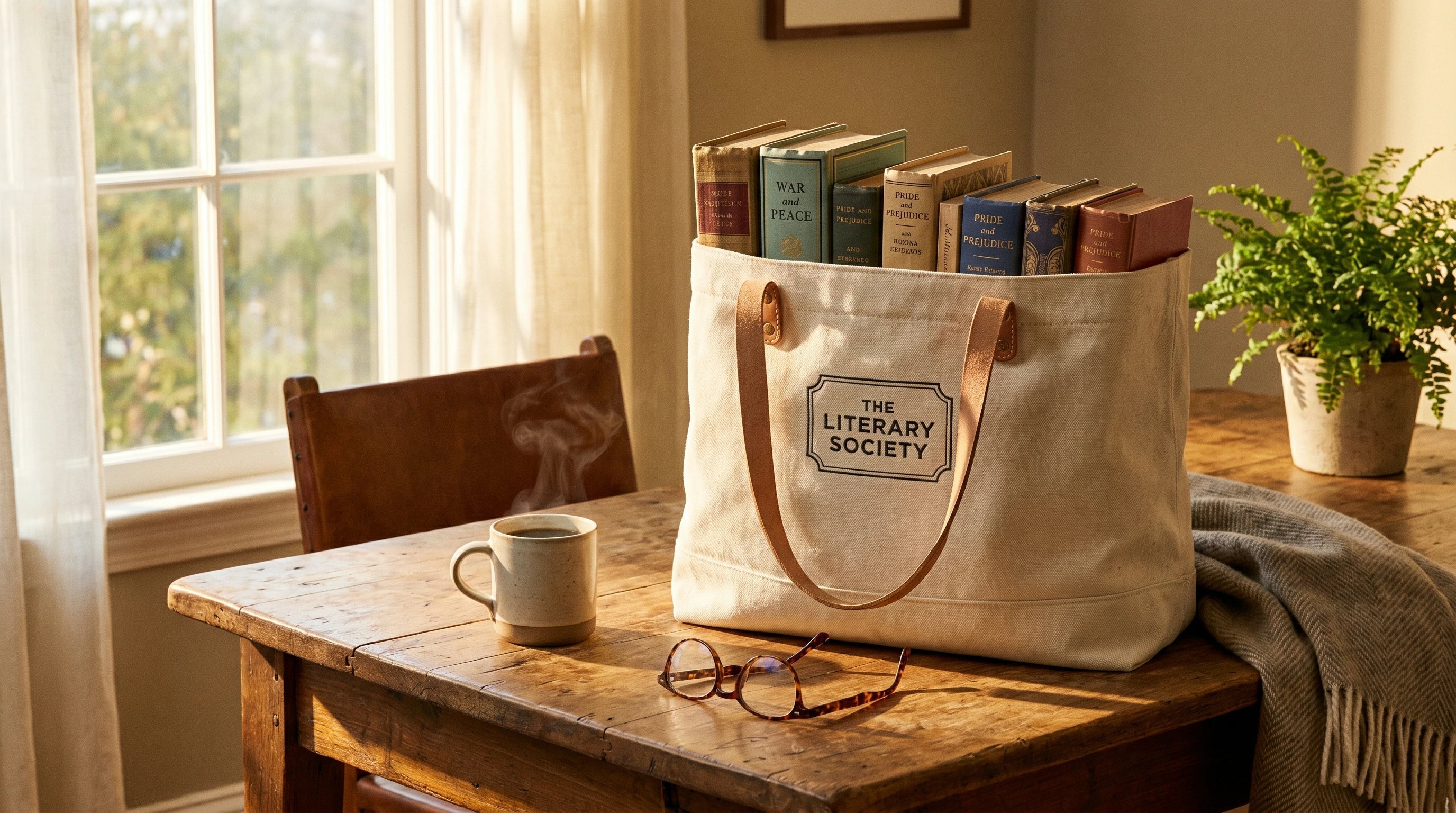 A premium custom tote bag filled with hardcover books and a coffee cup on a reading table.