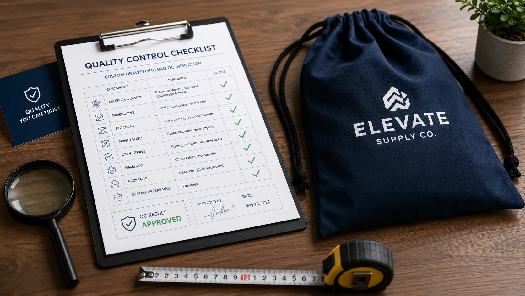Professional quality control checklist for inspecting custom drawstring bags.