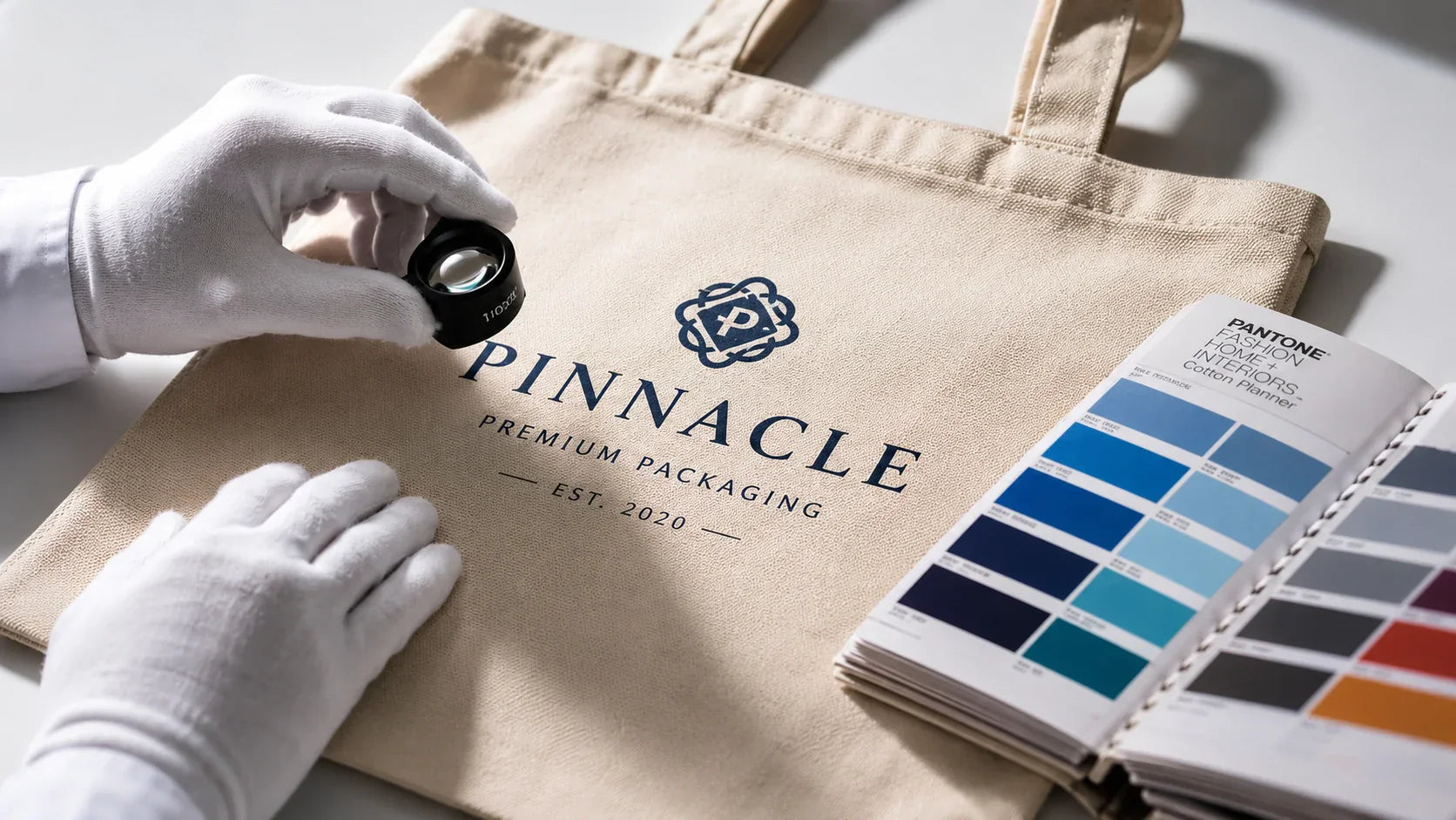 A Quality Control manager using a magnifying glass and Pantone chart to inspect custom shopping bags.