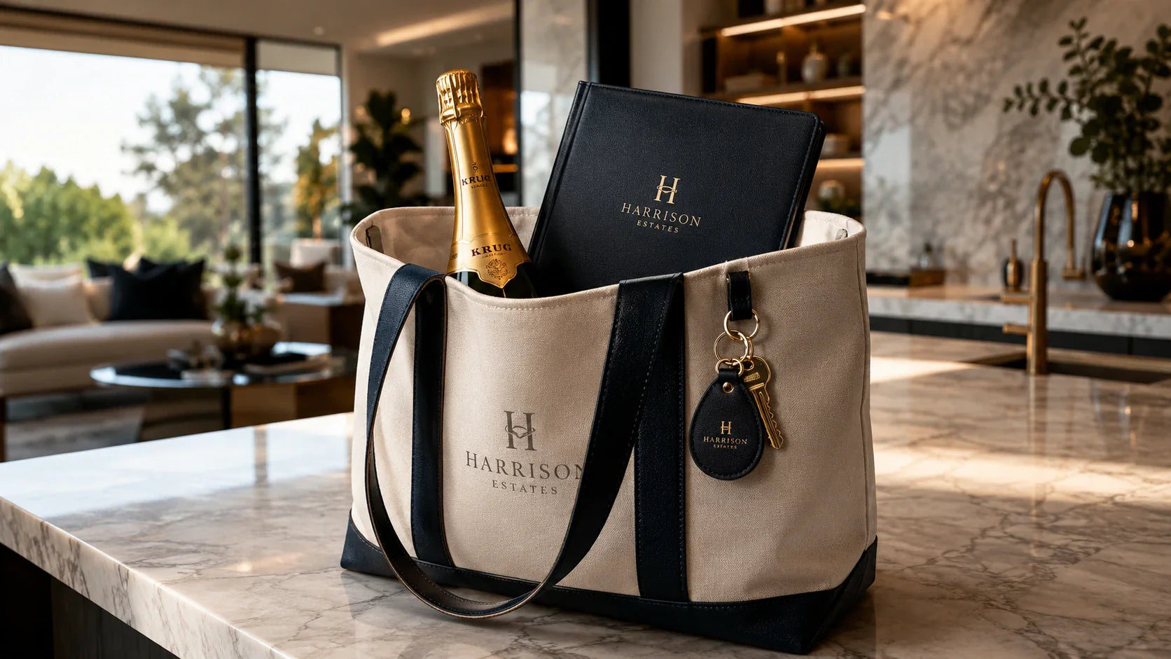 Premium Tote Bags Custom Logo used as luxury real estate closing gifts.