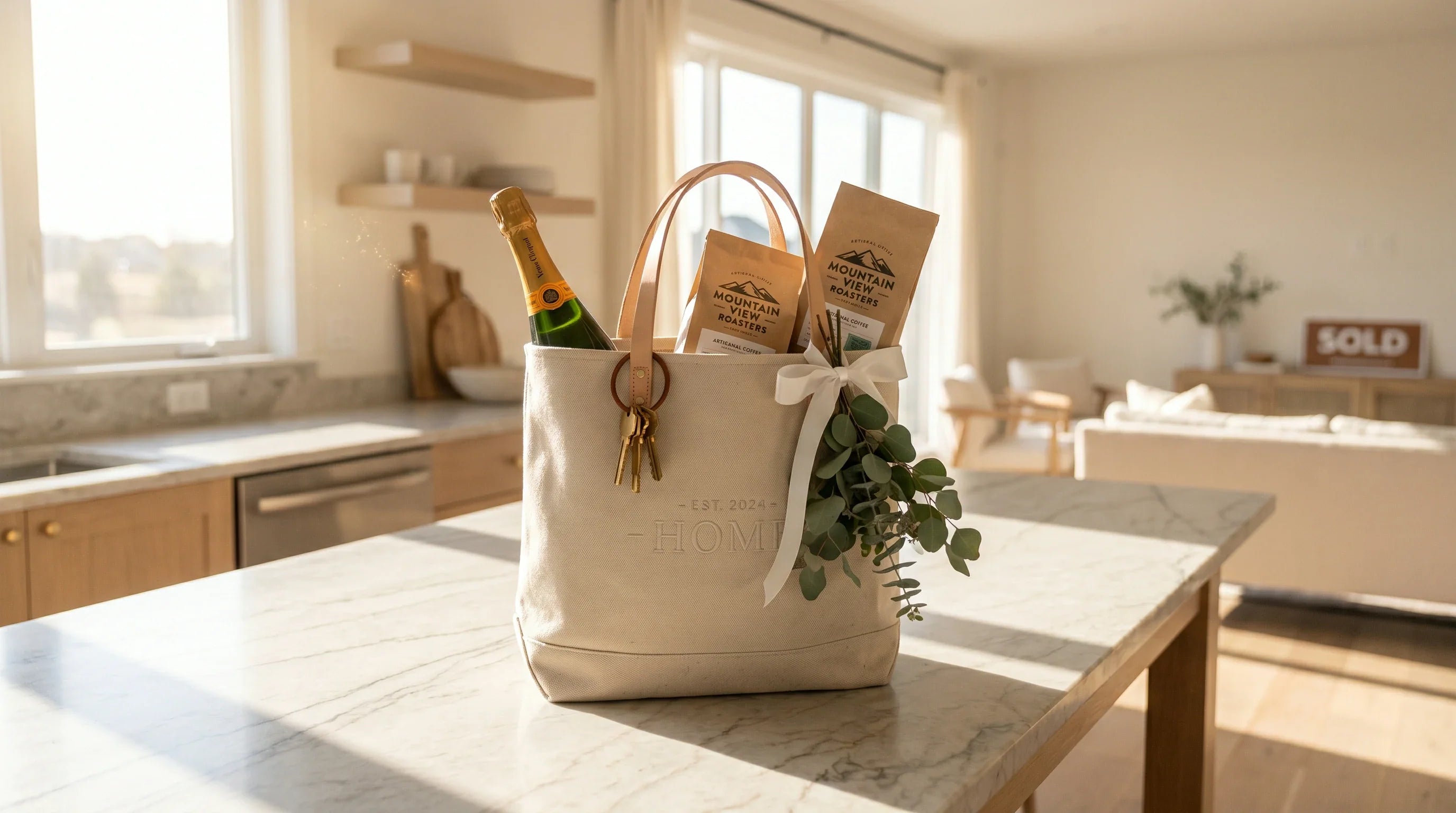 A premium custom tote bag used as a real estate closing gift sitting on a kitchen counter of a new home.