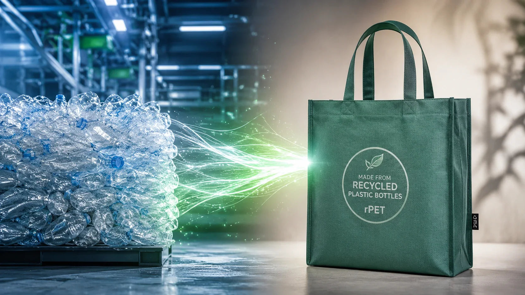 Conceptual image showing clear plastic water bottles transforming into a beautifully crafted rPET bag.