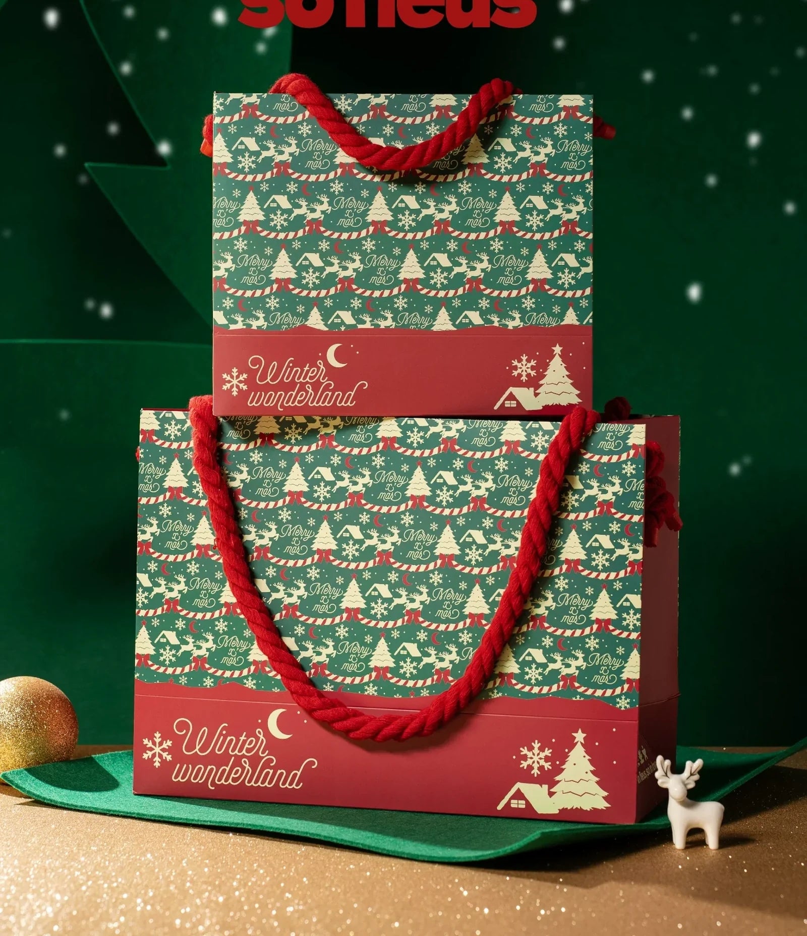 Red and green rope-handle Christmas paper gift bags for procurement-file planning