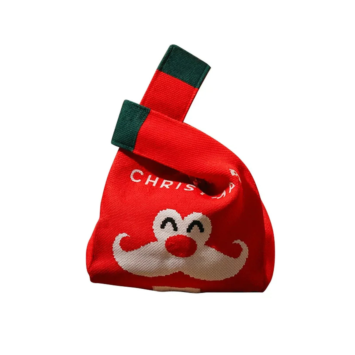 Red Santa knitted Christmas gift bag detail with integrated loop handle