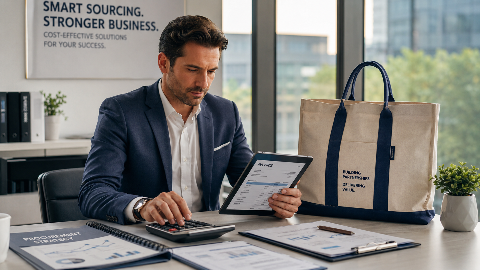 A procurement manager using a calculator to plan a budget-friendly custom tote bag order.