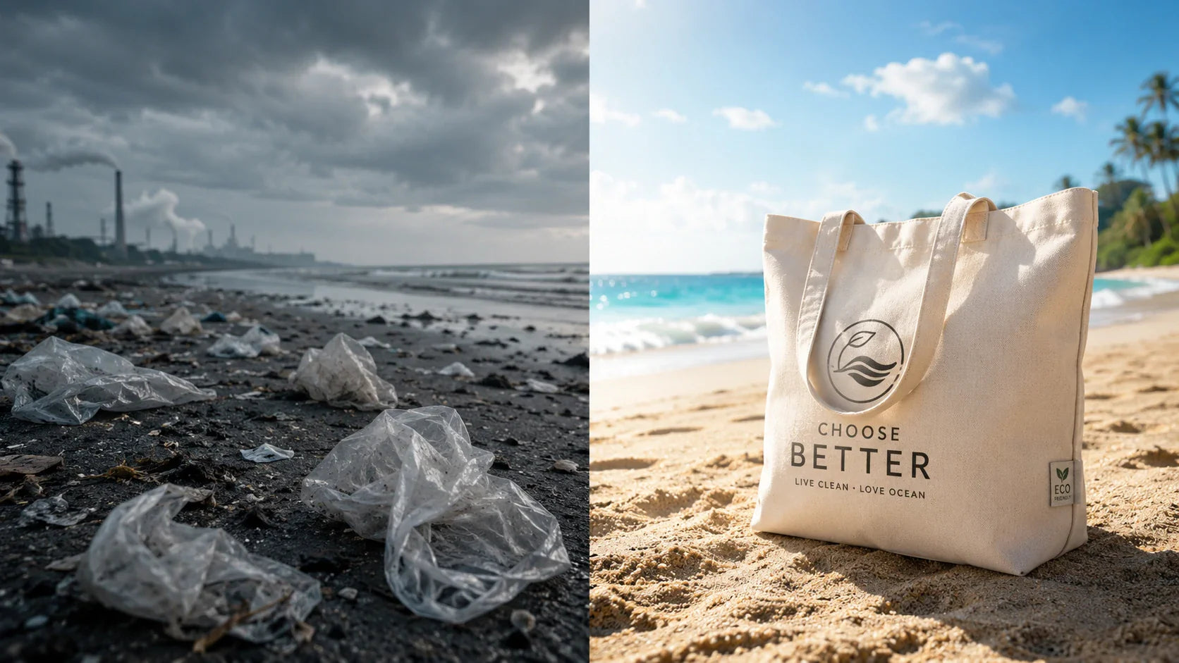 A conceptual split-screen contrasting plastic bag pollution with a sustainable custom canvas tote bag on a beach.
